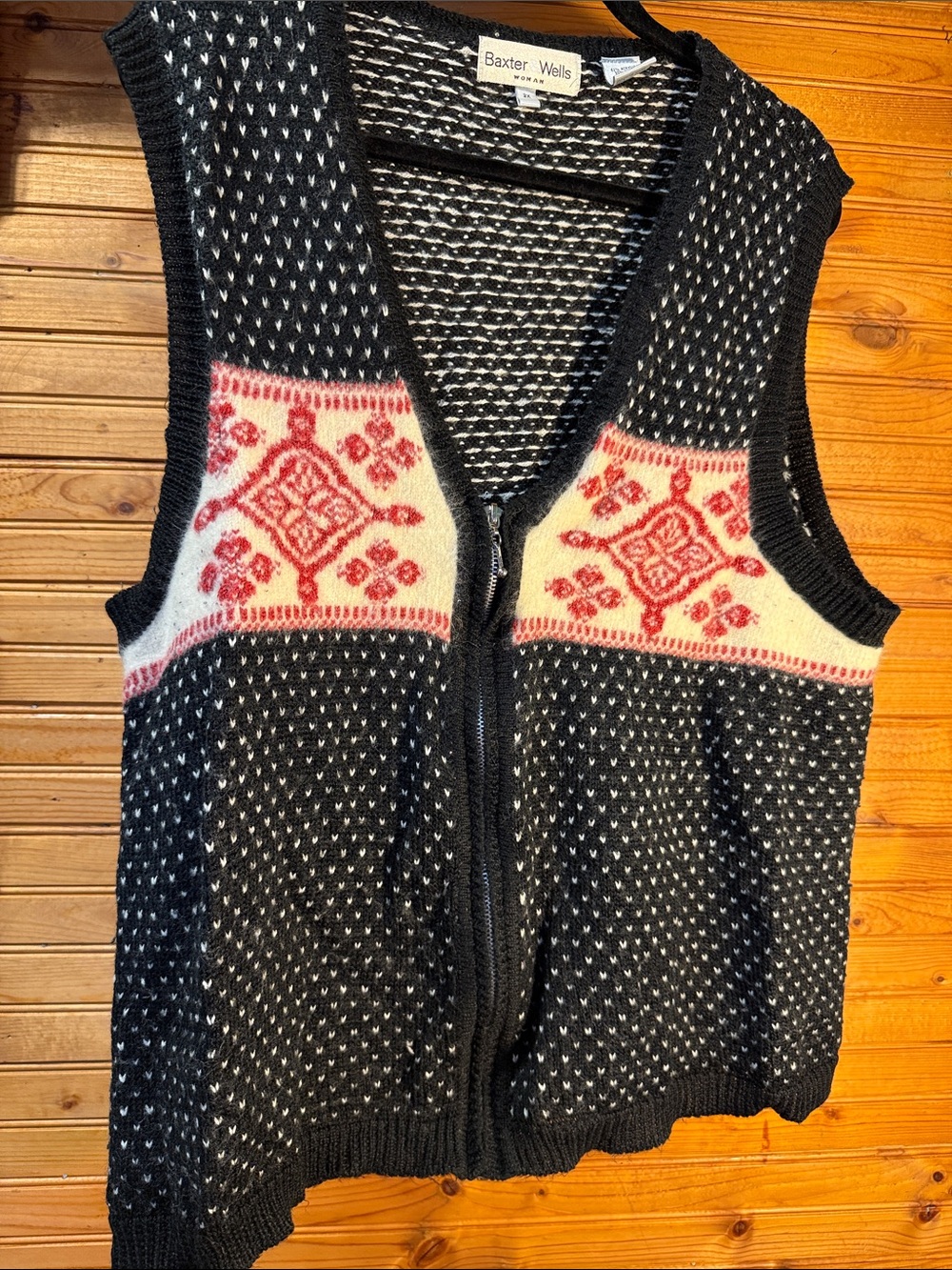 Baxter Wells Black & White Fair Isle Zip Vest with Red Accent